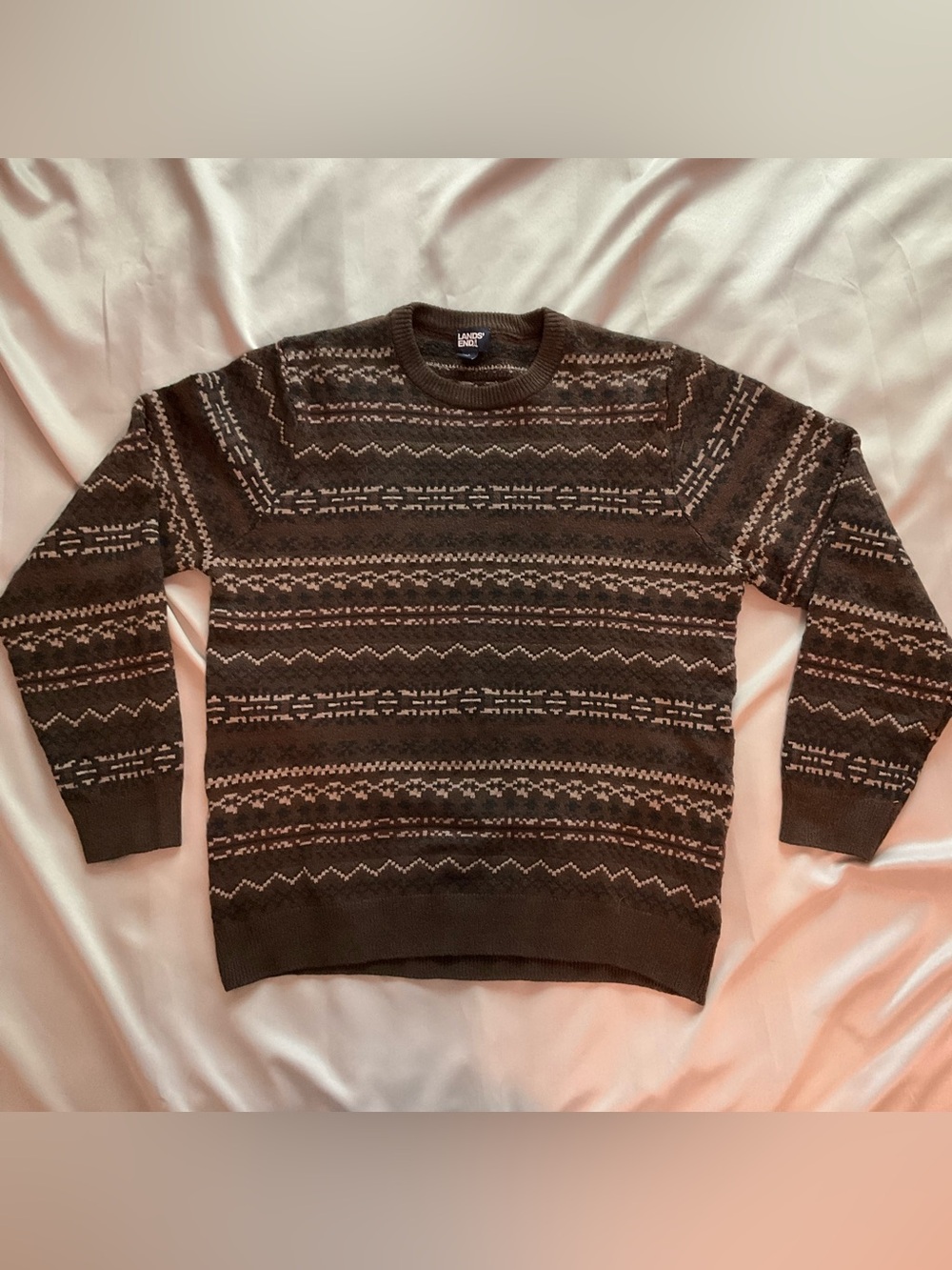 Lands' End Brown and Cream Patterned Crewneck Sweater